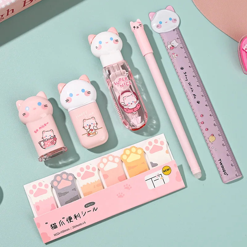 6 pcs/set Cartoon Cat Paw Stationery Set Gel Pen Correction Tape Memo Pad Ruler Learning Stationery Back To School Gift