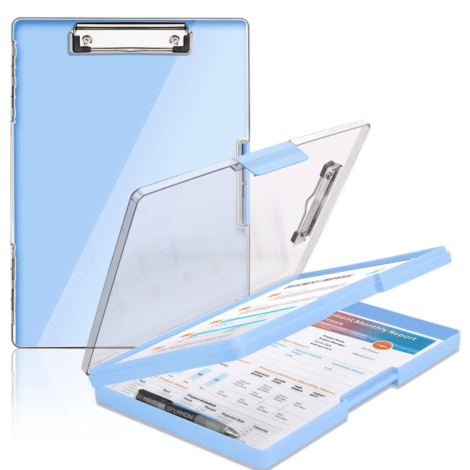 Clipboard with storage space 34x24 cm, heavy duty storage clipboard, plastic clipboard with side opening folding.
